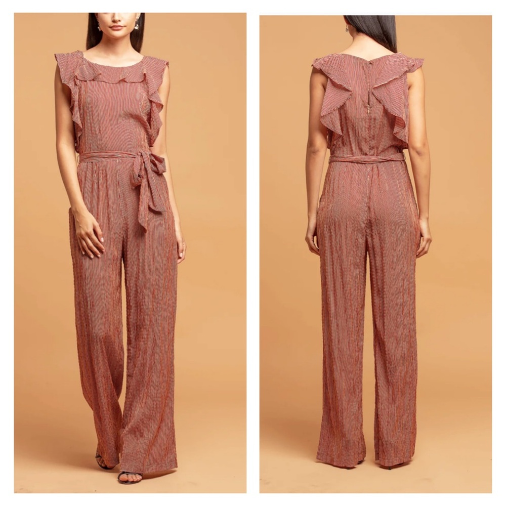 Anthropologie Eva Franco Ruffle Striped Jumpsuit in Terracotta Small Pockets - Picture 10 of 16